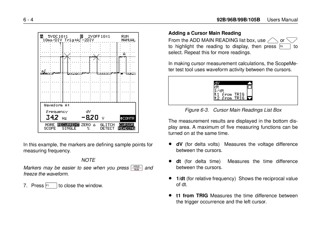 Fluke 105B, 99B manual Adding a Cursor Main Reading, Cursor Main Readings List Box 