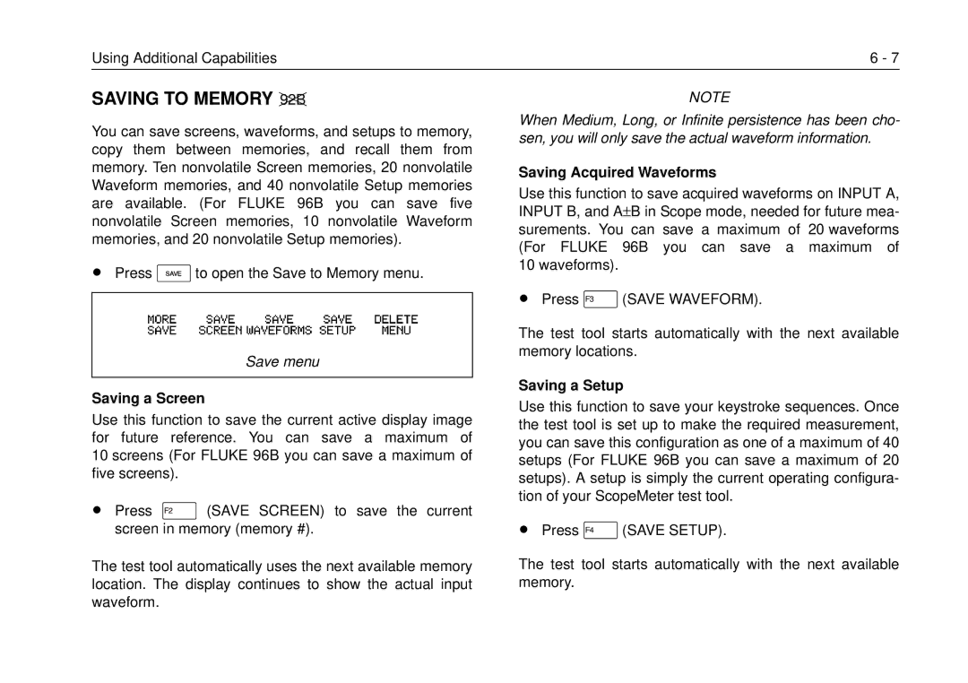 Fluke 99B, 105B manual Saving to Memory, Saving a Screen, Saving Acquired Waveforms, Saving a Setup 