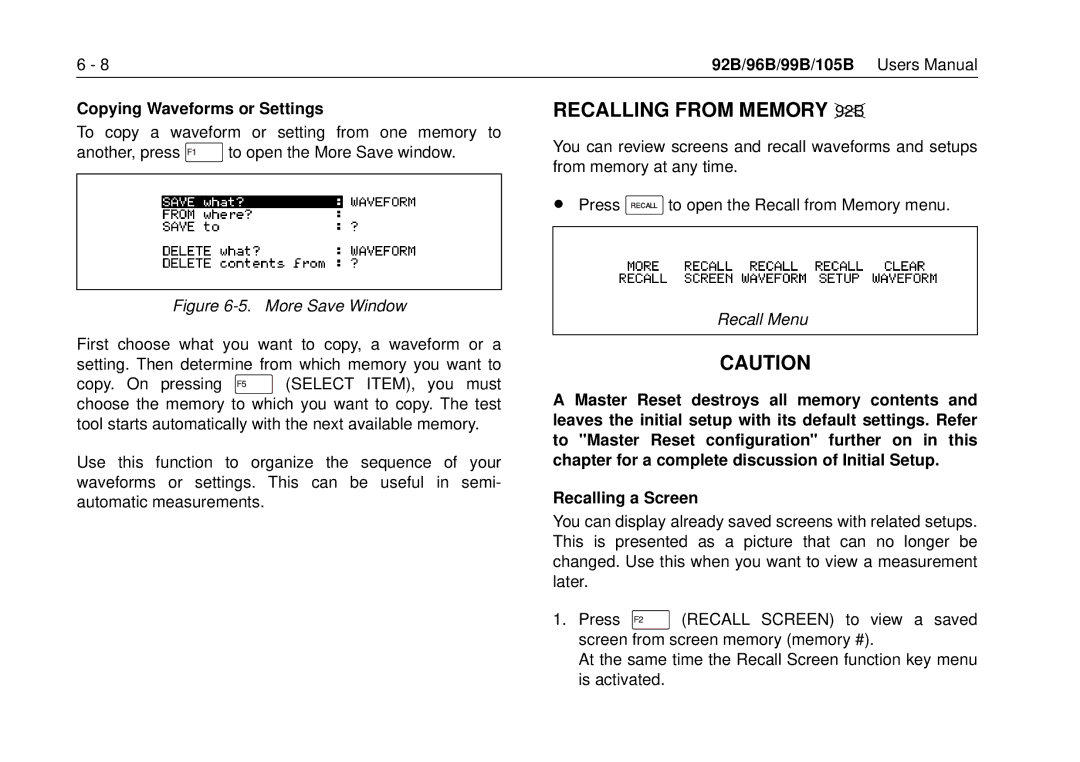 Fluke 105B, 99B manual Recalling from Memory 92B, Copying Waveforms or Settings 