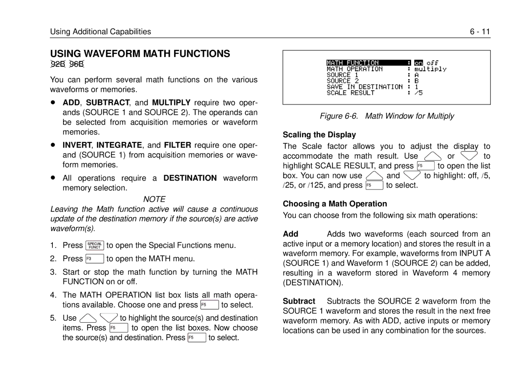 Fluke 99B, 105B manual Using Waveform Math Functions, Scaling the Display, Choosing a Math Operation 
