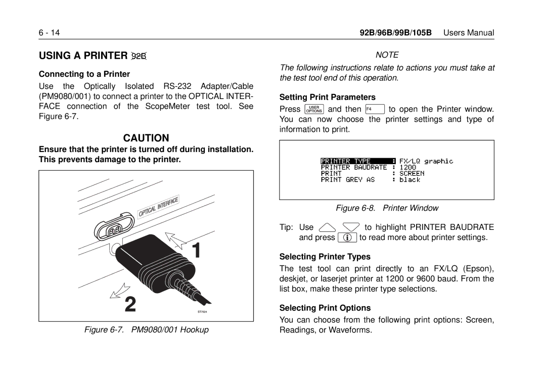 Fluke 105B, 99B manual Using a Printer, Connecting to a Printer, Setting Print Parameters, Selecting Printer Types 