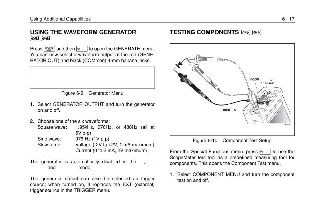 Fluke 99B, 105B manual Using the Waveform Generator, Testing Components 92B 96B 