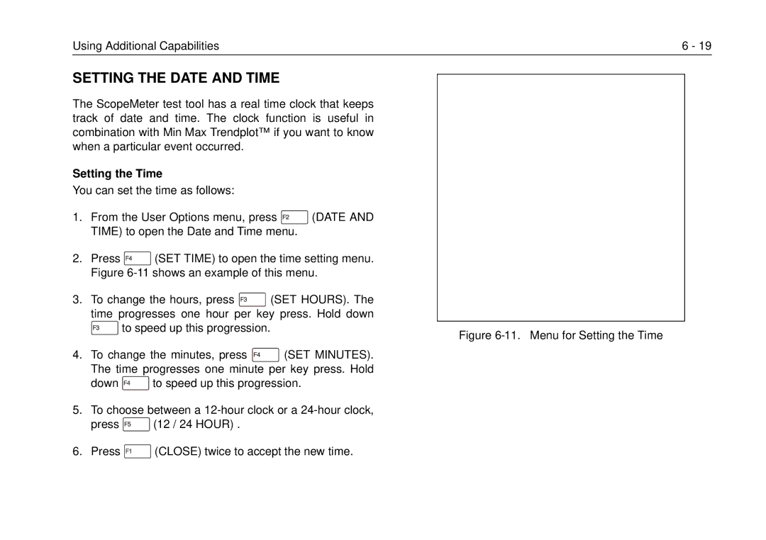 Fluke 99B, 105B manual Setting the Date and Time, Setting the Time 