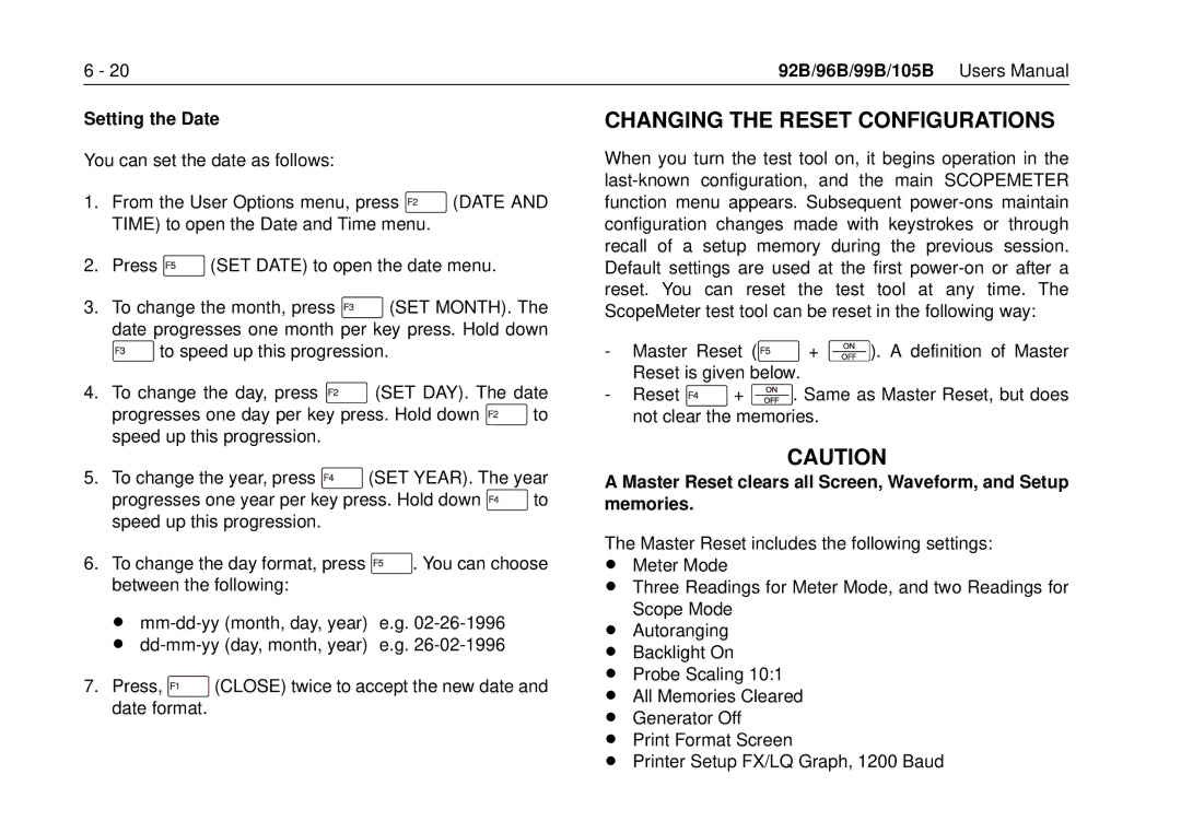 Fluke 105B, 99B manual Changing the Reset Configurations, Setting the Date 