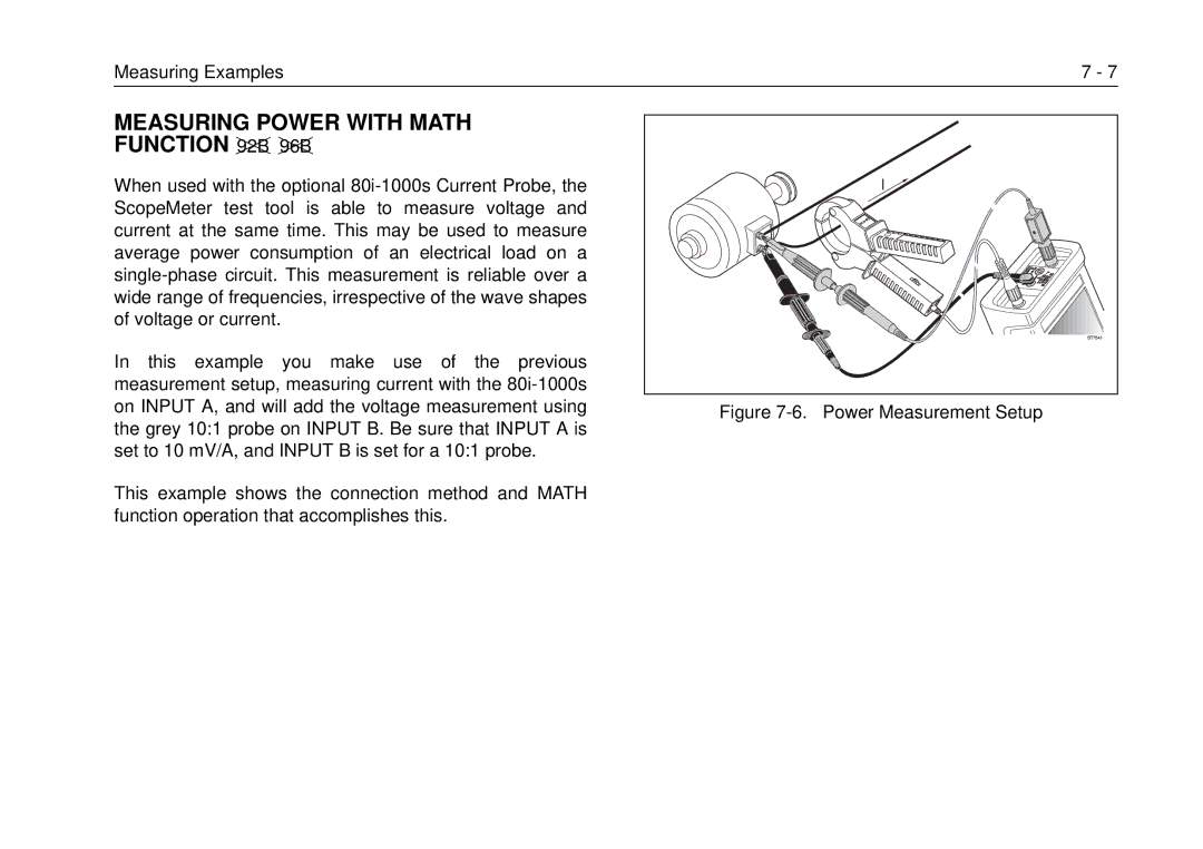 Fluke 105B, 99B manual Measuring Power with Math Function, Power Measurement Setup 