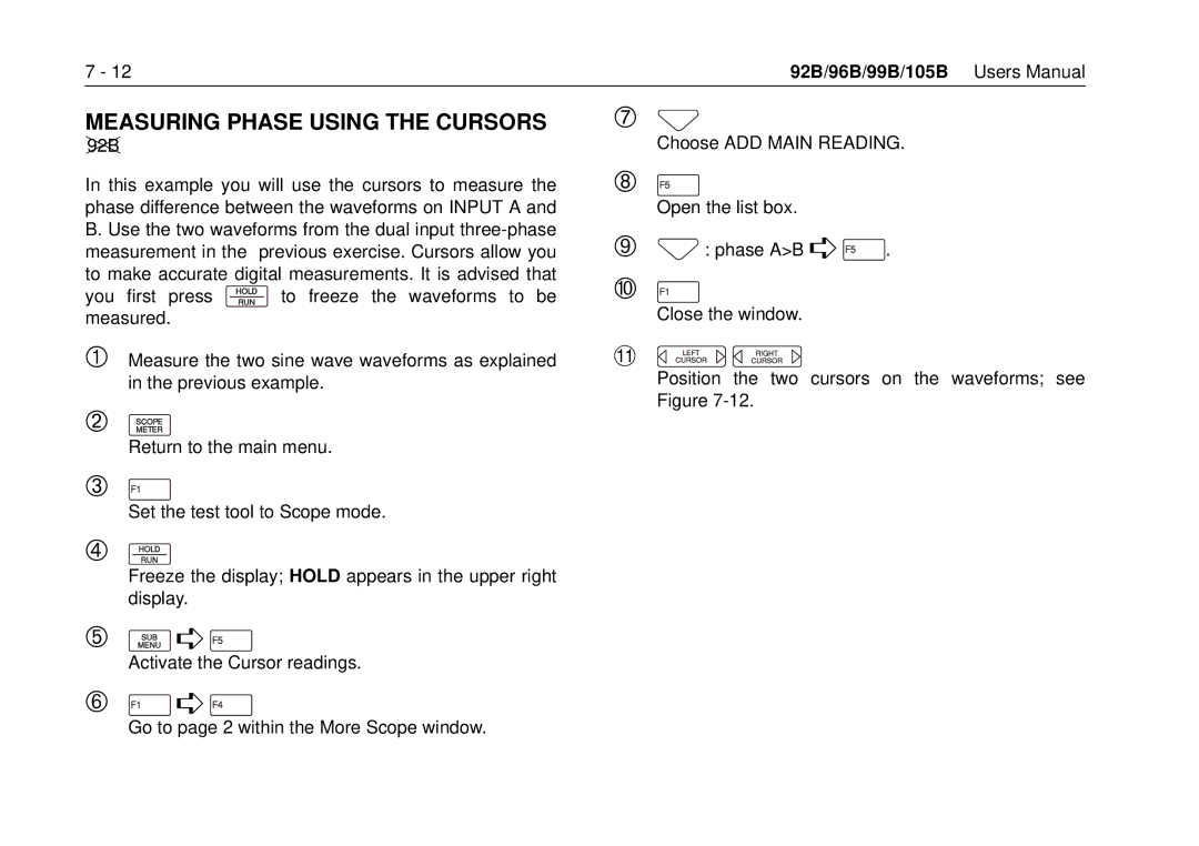 Fluke 99B, 105B manual Measuring Phase Using the Cursors 