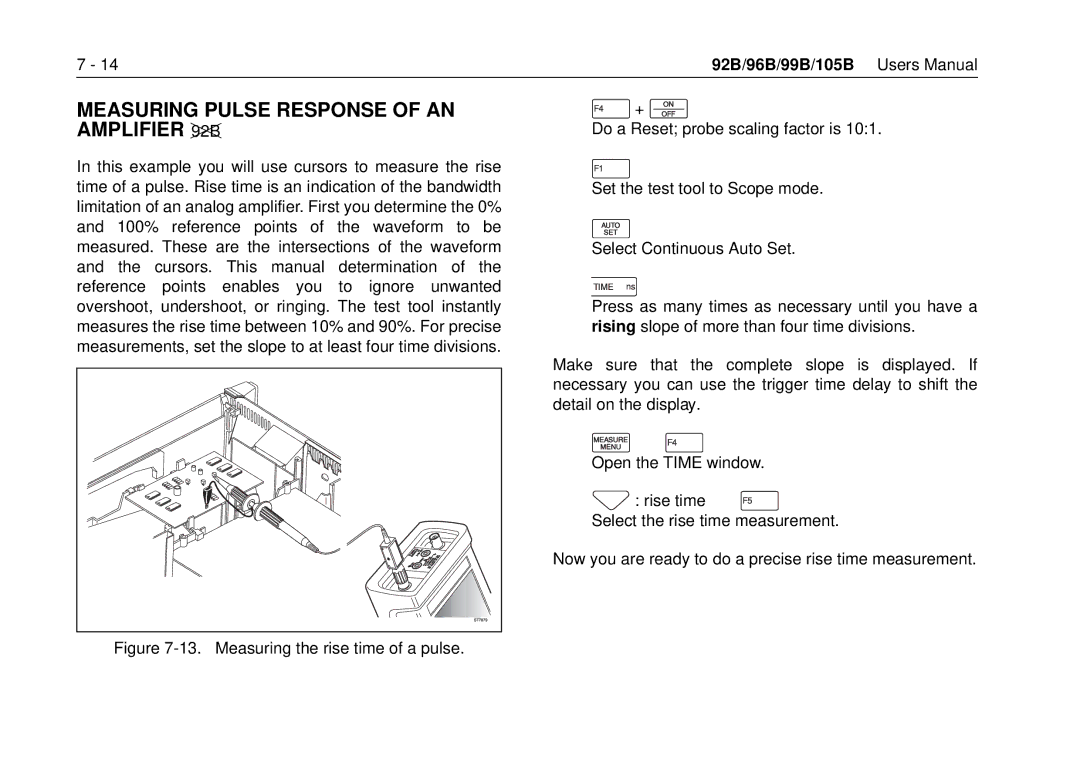 Fluke 99B, 105B manual Measuring Pulse Response of AN Amplifier, Measuring the rise time of a pulse 