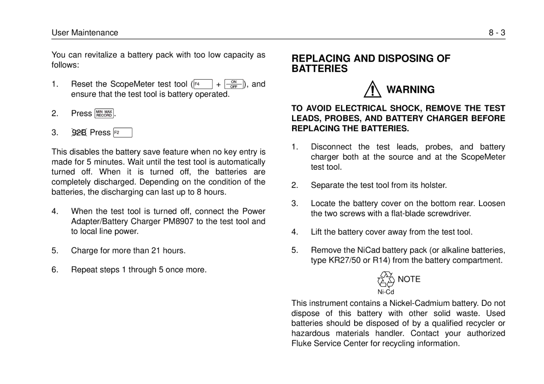 Fluke 99B, 105B manual Replacing and Disposing Batteries 