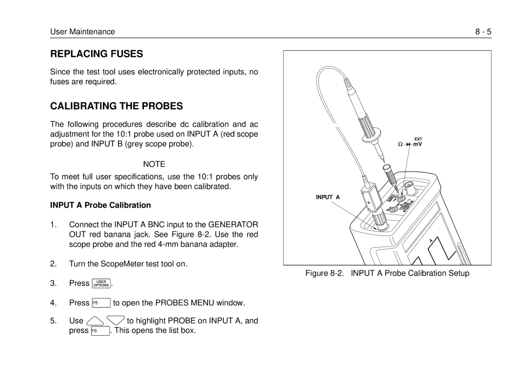 Fluke 99B, 105B manual Replacing Fuses, Calibrating the Probes, Input a Probe Calibration 