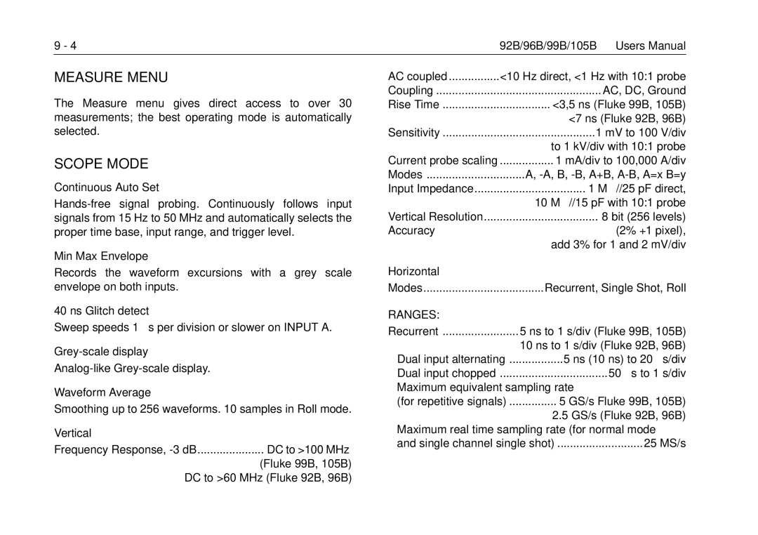 Fluke 99B, 105B manual Measure Menu 