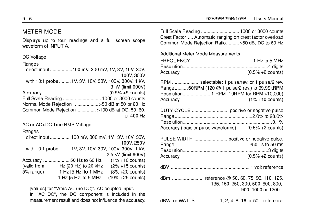 Fluke 99B, 105B manual Meter Mode 