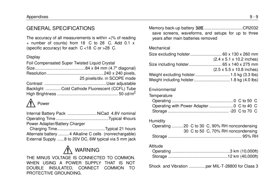 Fluke 105B, 99B manual General Specifications 