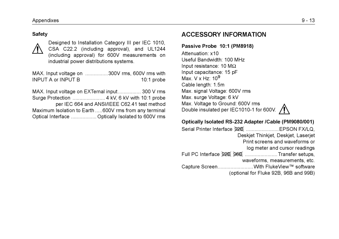 Fluke 105B, 99B manual Accessory Information 