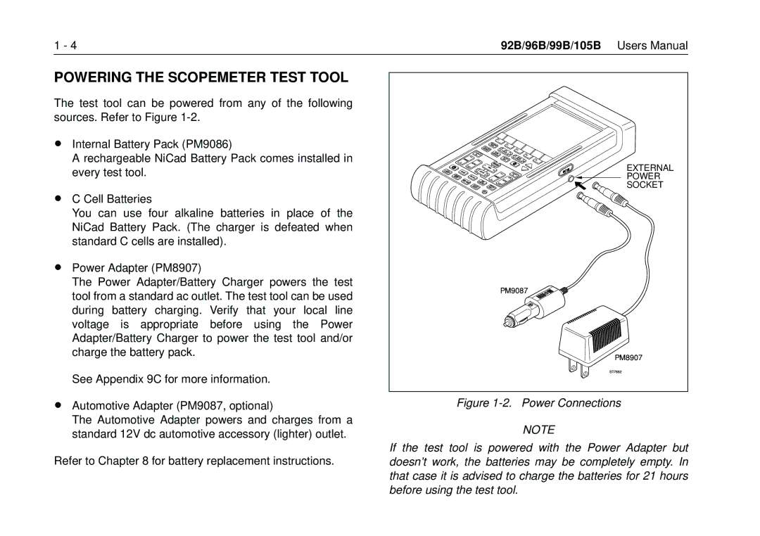 Fluke 105B, 99B manual Powering the Scopemeter Test Tool 