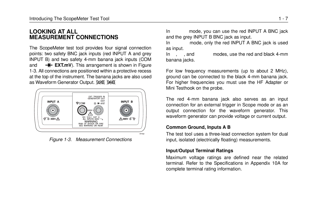 Fluke 99B, 105B manual Looking AT ALL Measurement Connections, Common Ground, Inputs a B, Input/Output Terminal Ratings 