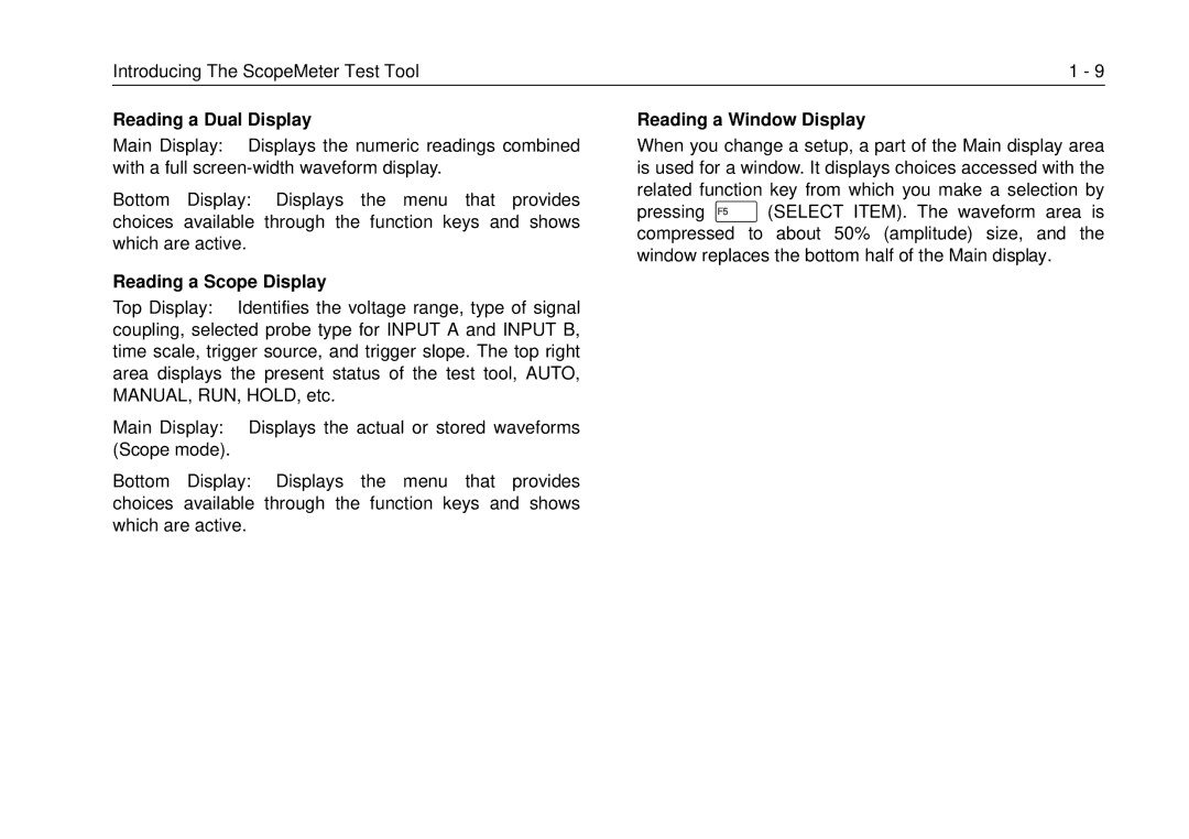 Fluke 99B, 105B manual Reading a Dual Display, Reading a Scope Display, Reading a Window Display 