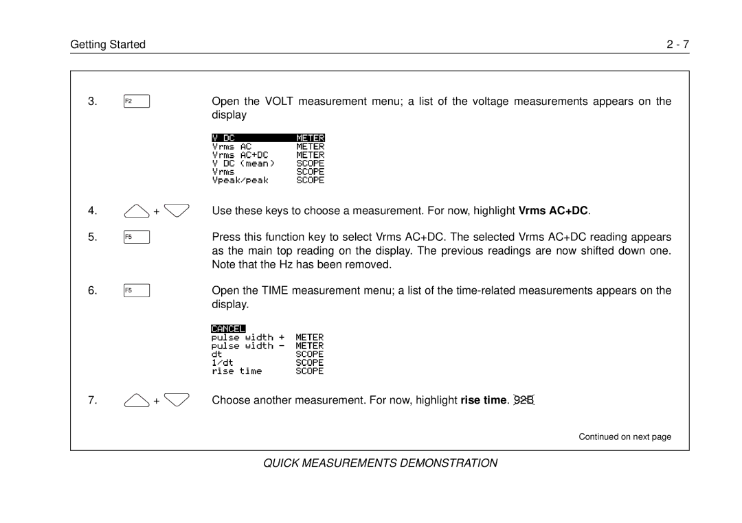 Fluke 105B, 99B manual Choose another measurement. For now, highlight rise time 