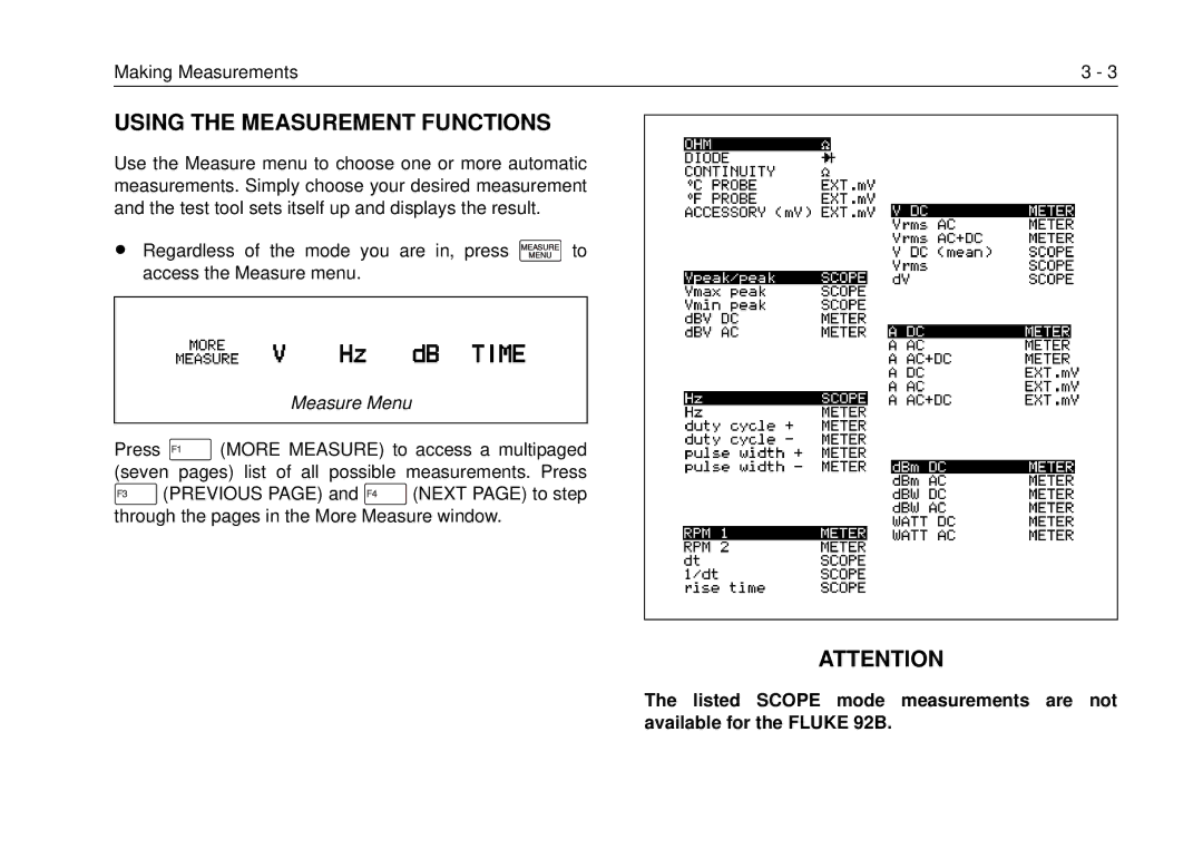 Fluke 99B, 105B manual Using the Measurement Functions, Measure Menu 