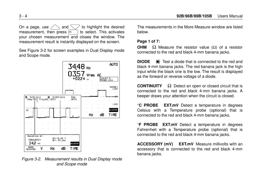 Fluke 105B, 99B manual Measurement results in Dual Display mode Scope mode 