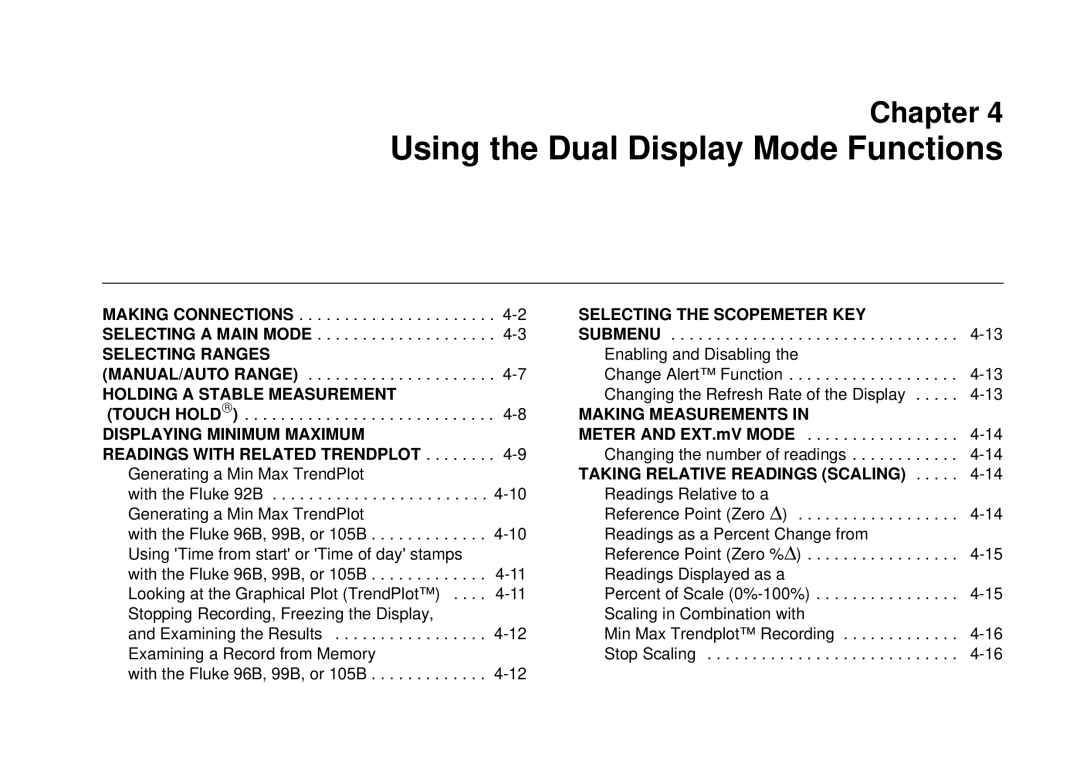 Fluke 99B, 105B manual Using the Dual Display Mode Functions 