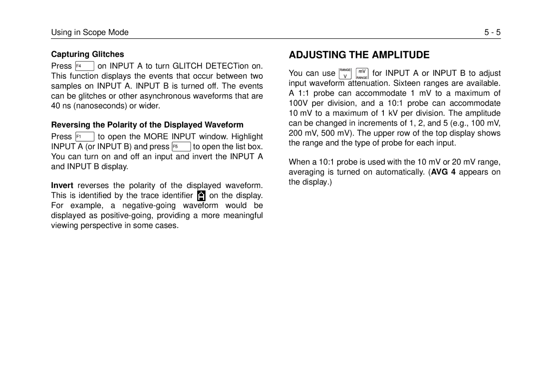 Fluke 99B, 105B manual Adjusting the Amplitude, Capturing Glitches, Reversing the Polarity of the Displayed Waveform 