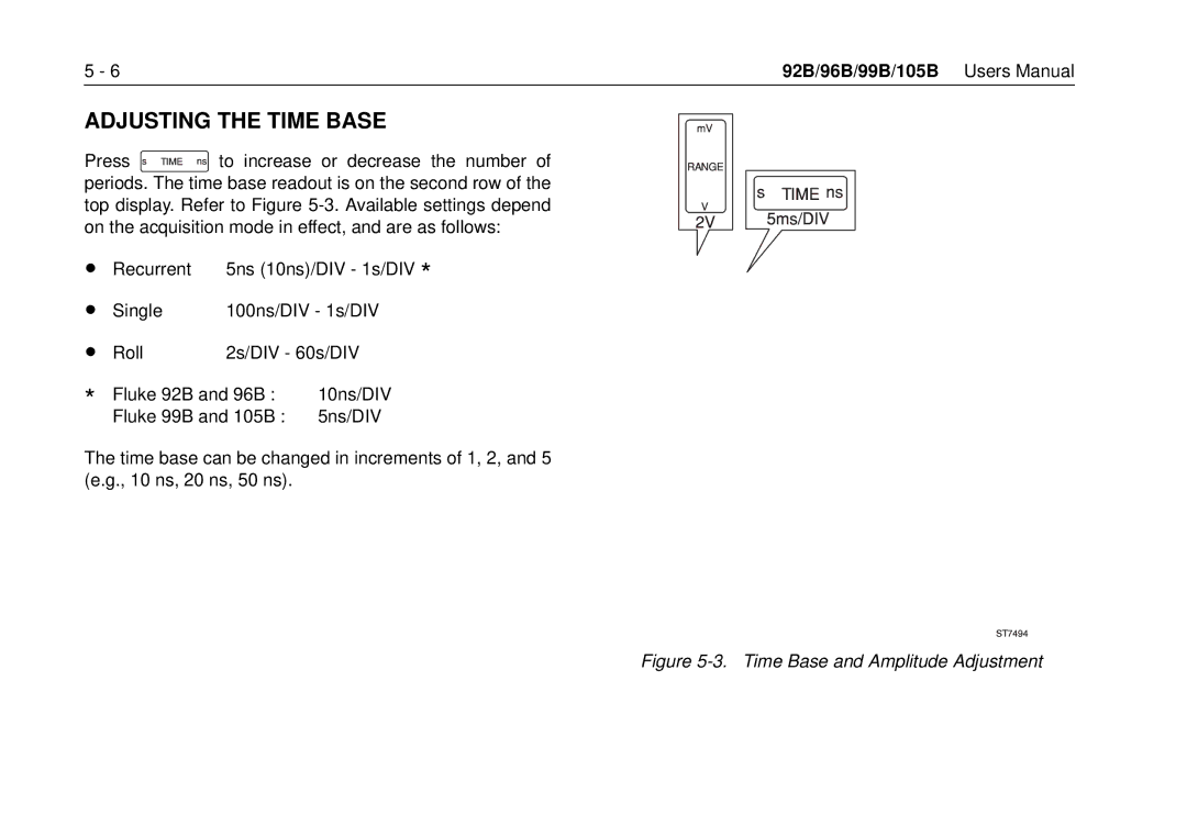 Fluke 105B, 99B manual Adjusting the Time Base, Time Base and Amplitude Adjustment 