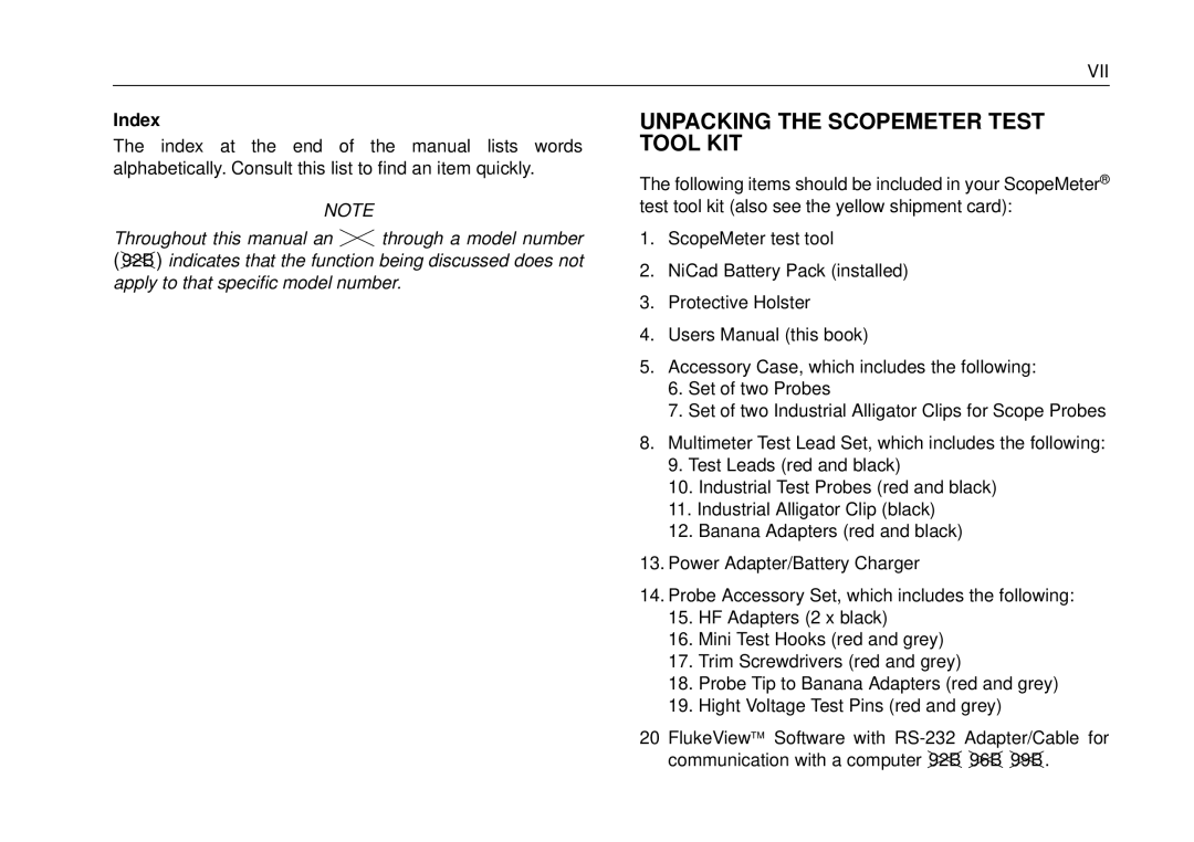 Fluke 105B, 99B manual Unpacking the Scopemeter Test Tool KIT, Index 