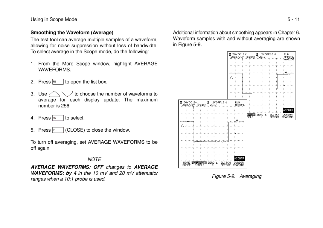 Fluke 99B, 105B manual Smoothing the Waveform Average, Average Waveforms OFF changes to Average 