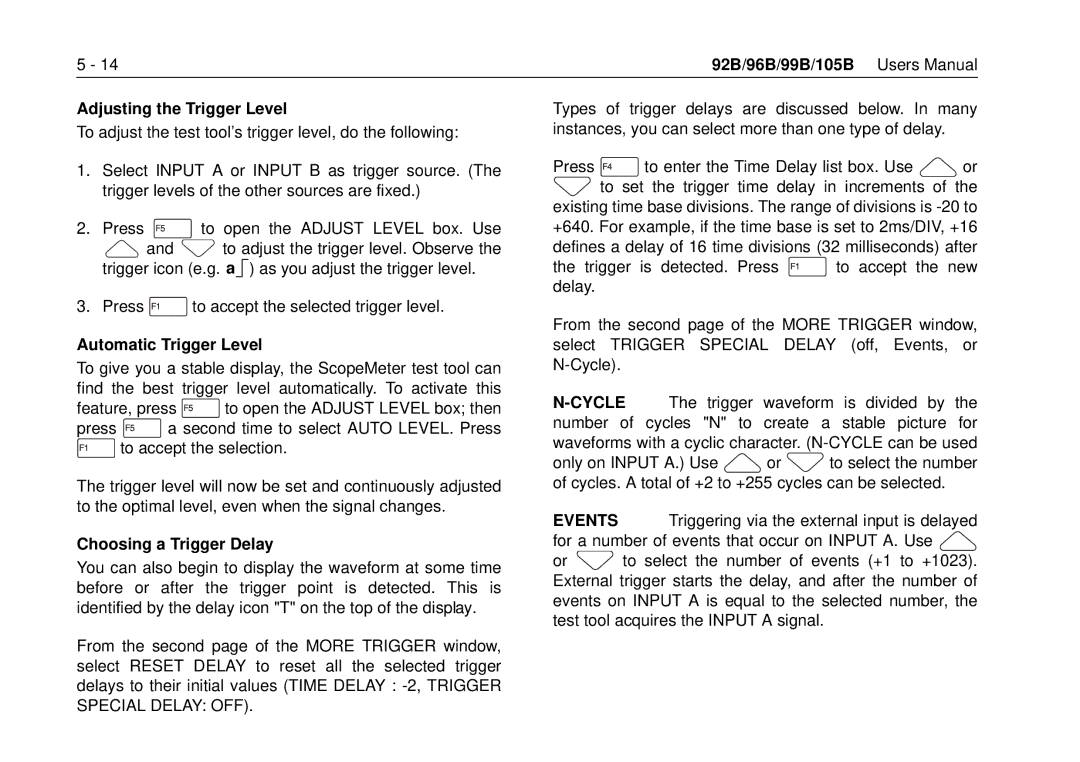 Fluke 105B, 99B manual Adjusting the Trigger Level, Automatic Trigger Level, Choosing a Trigger Delay 