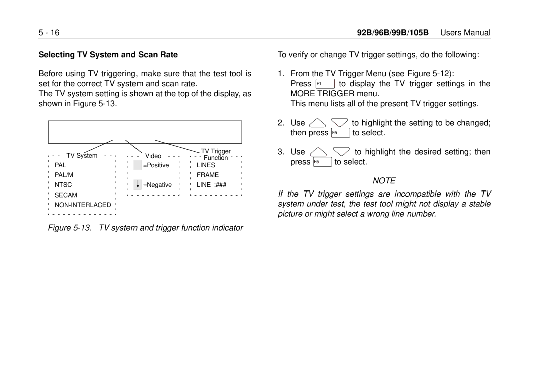 Fluke 105B, 99B manual Selecting TV System and Scan Rate, TV system and trigger function indicator 