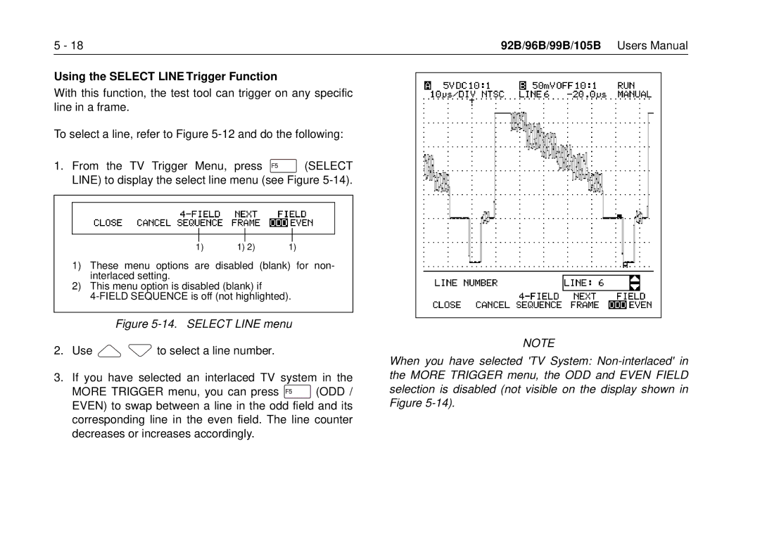 Fluke 105B, 99B manual Using the Select Line Trigger Function, Select Line menu 