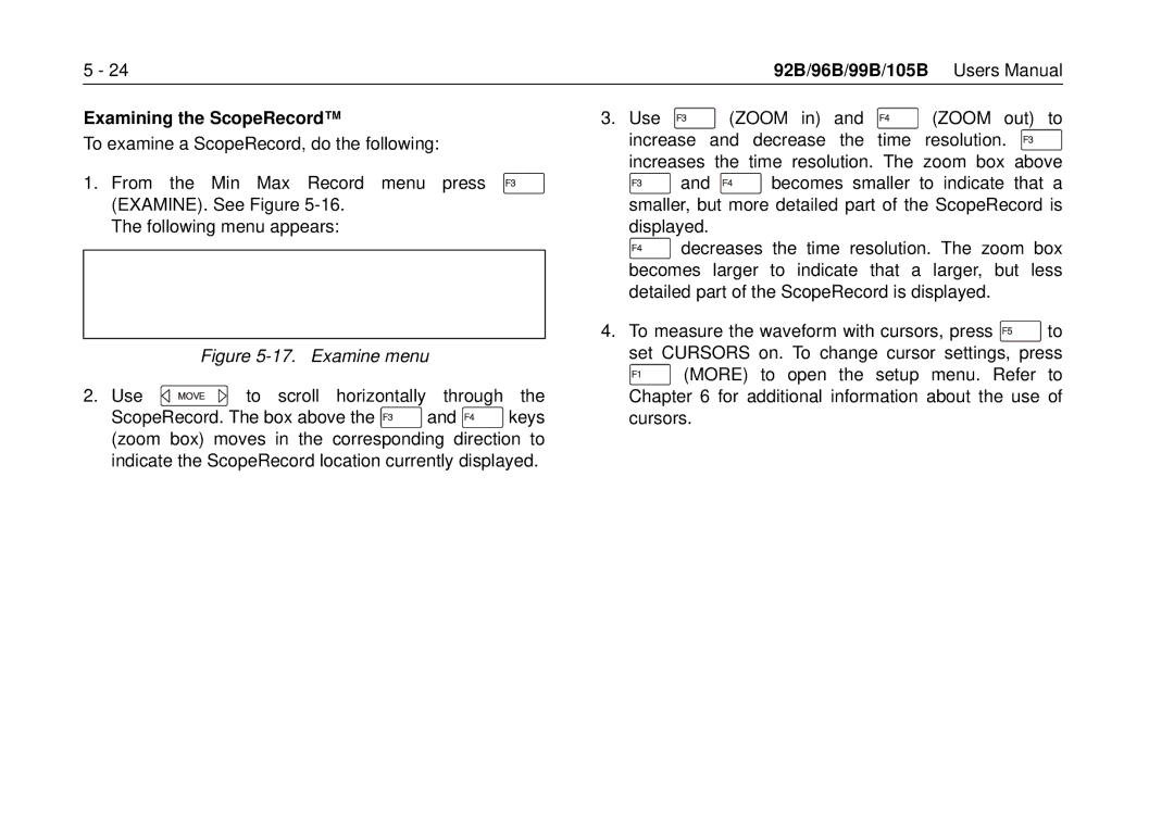 Fluke 105B, 99B manual Examining the ScopeRecord, Examine menu 