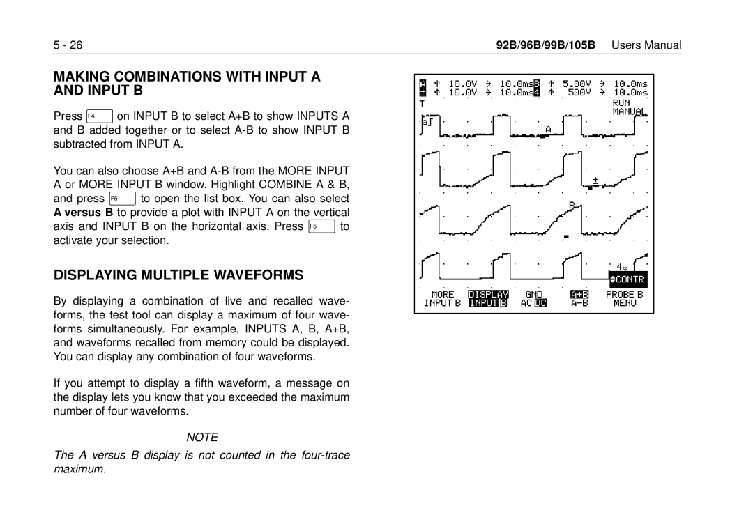 Fluke 105B, 99B manual Making Combinations with Input a Input B, Displaying Multiple Waveforms 