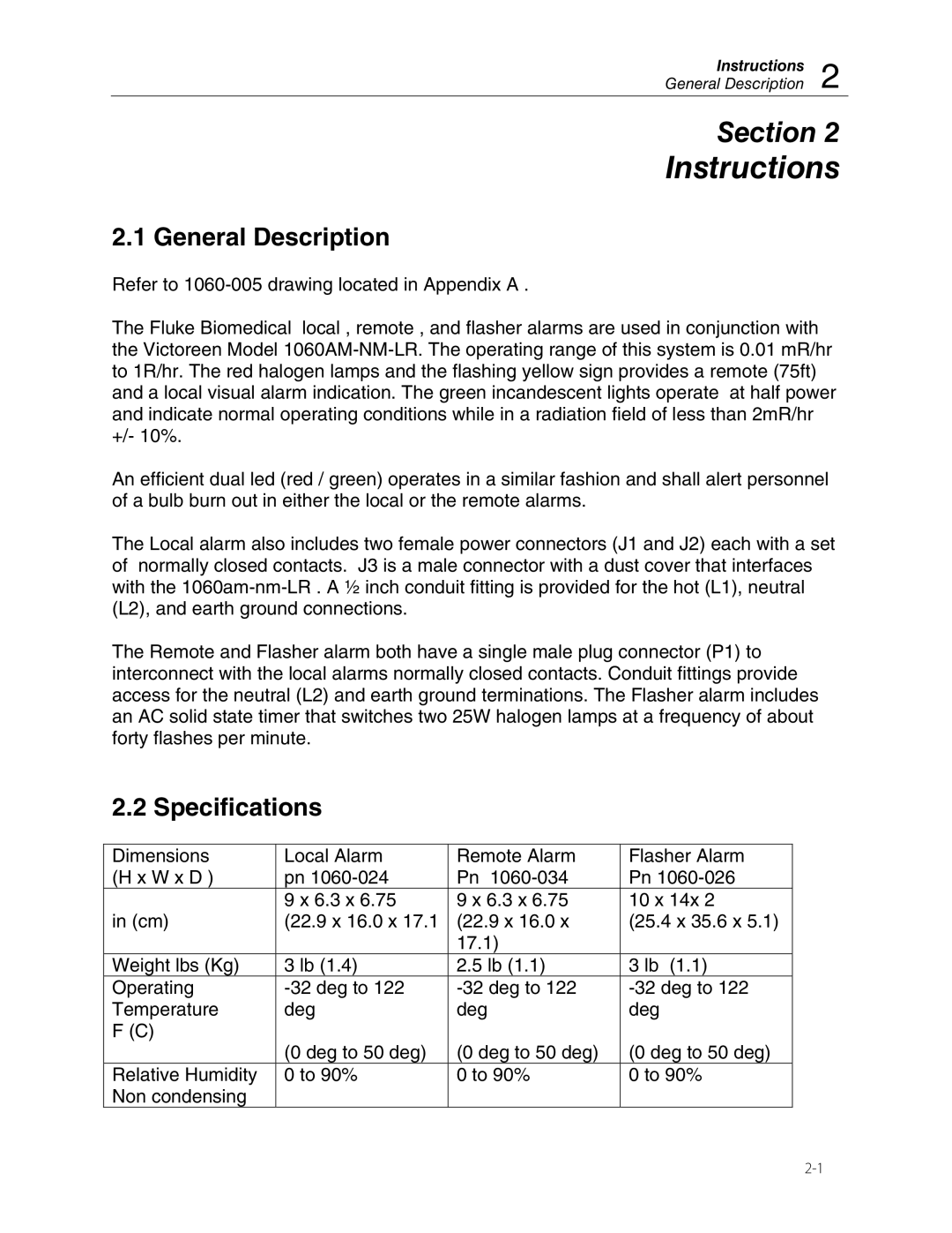 Fluke 1060AM-NM-LRVAR manual Instructions, General Description, Specifications 