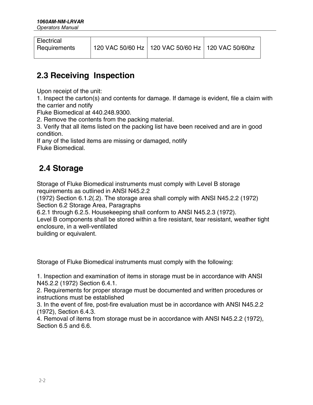 Fluke 1060AM-NM-LRVAR manual Receiving Inspection, Storage 