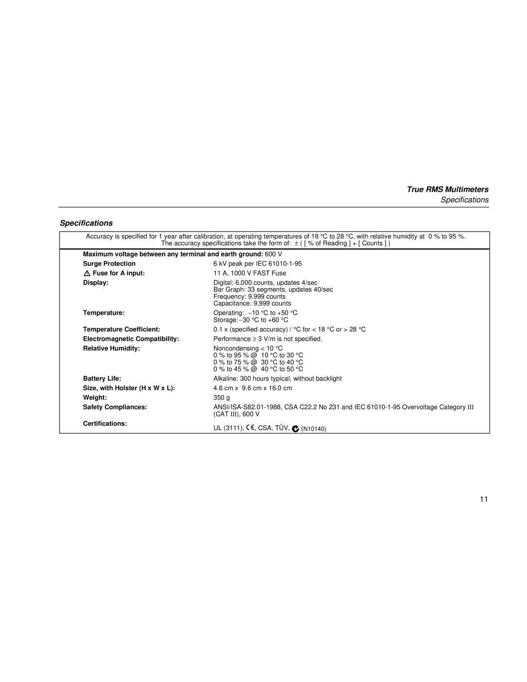 Fluke 110 user manual Specifications 