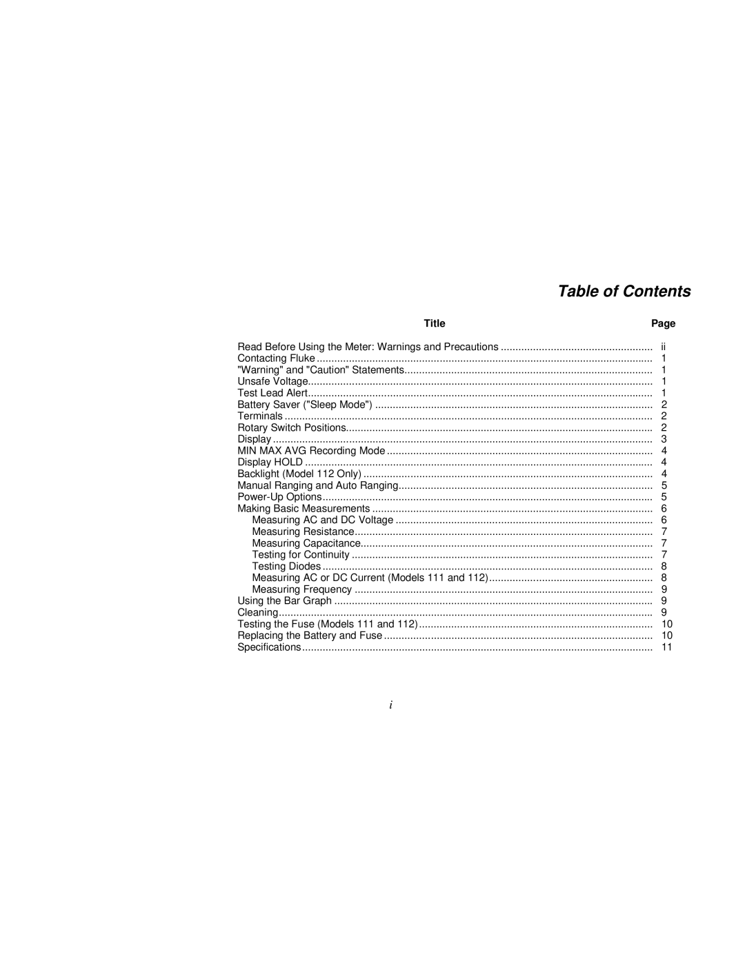 Fluke 110 user manual Table of Contents 