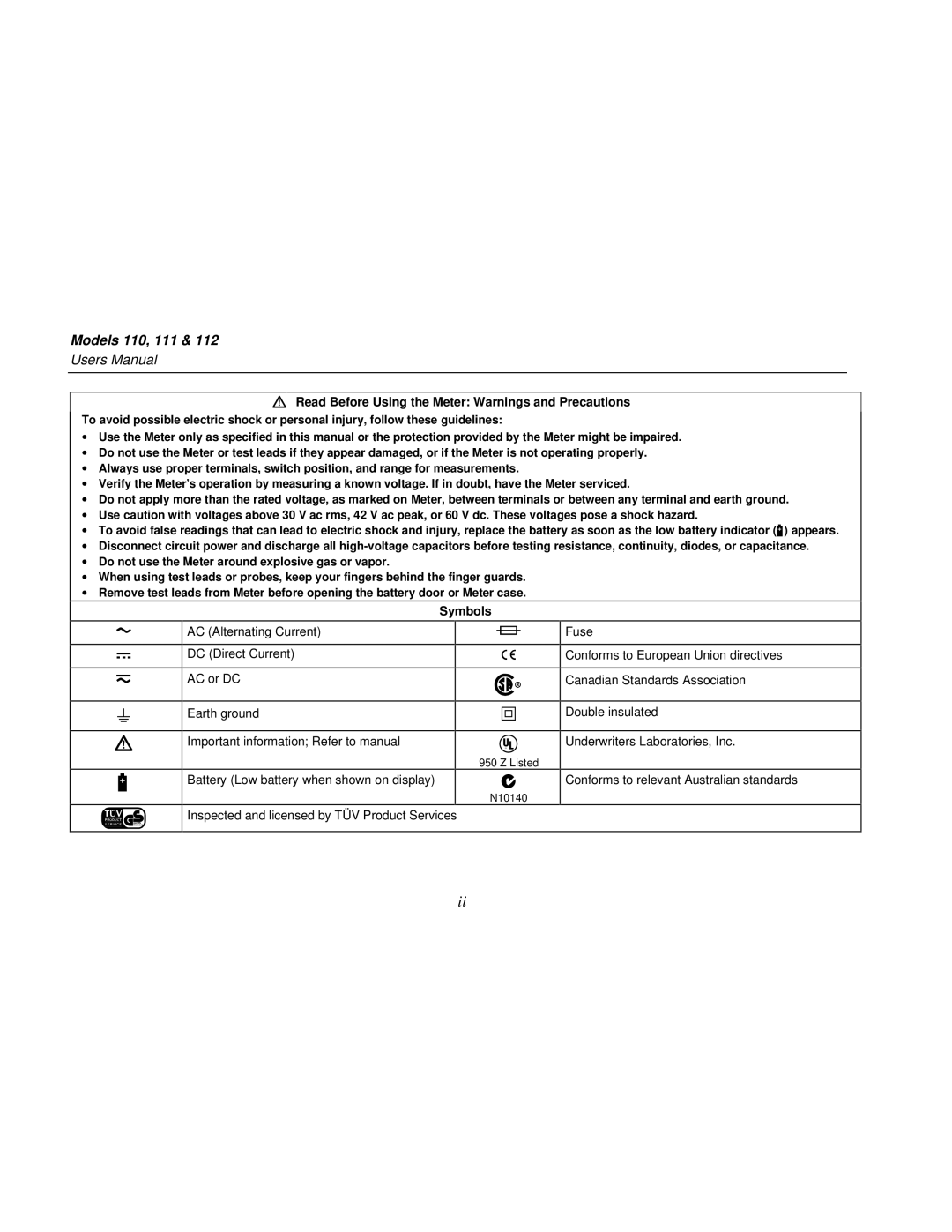 Fluke user manual Models 110, 111, Read Before Using the Meter Warnings and Precautions, Symbols 