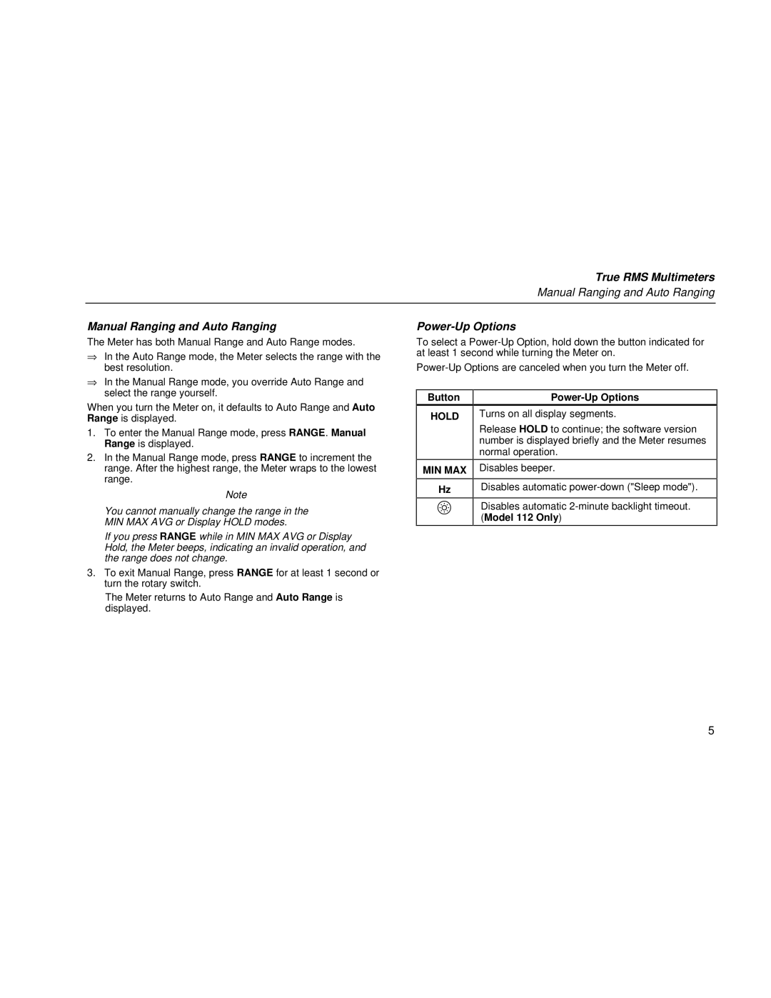 Fluke 110 user manual Manual Ranging and Auto Ranging, Button Power-Up Options 