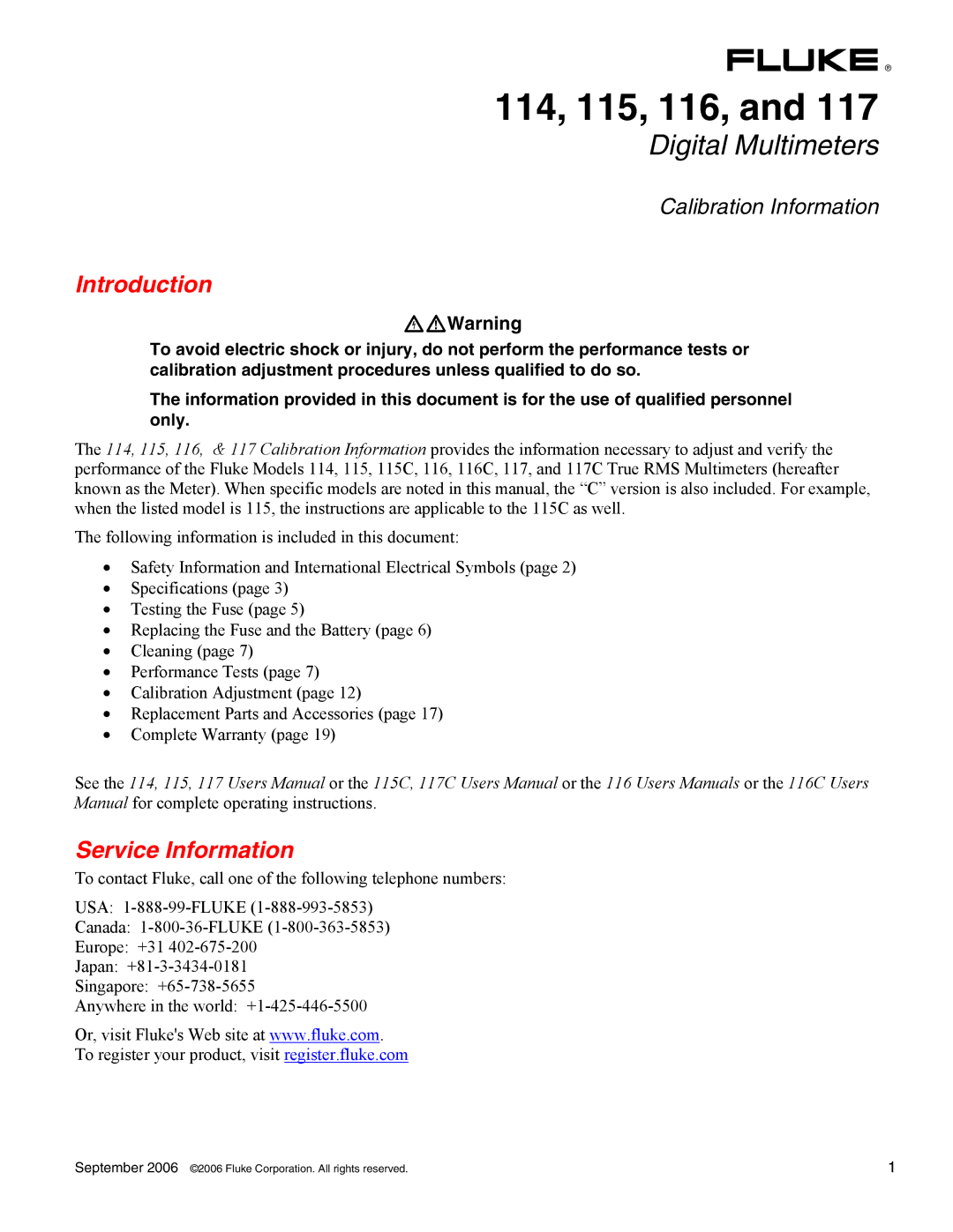 Fluke 117, 115, 116, 114 specifications Introduction, Service Information 