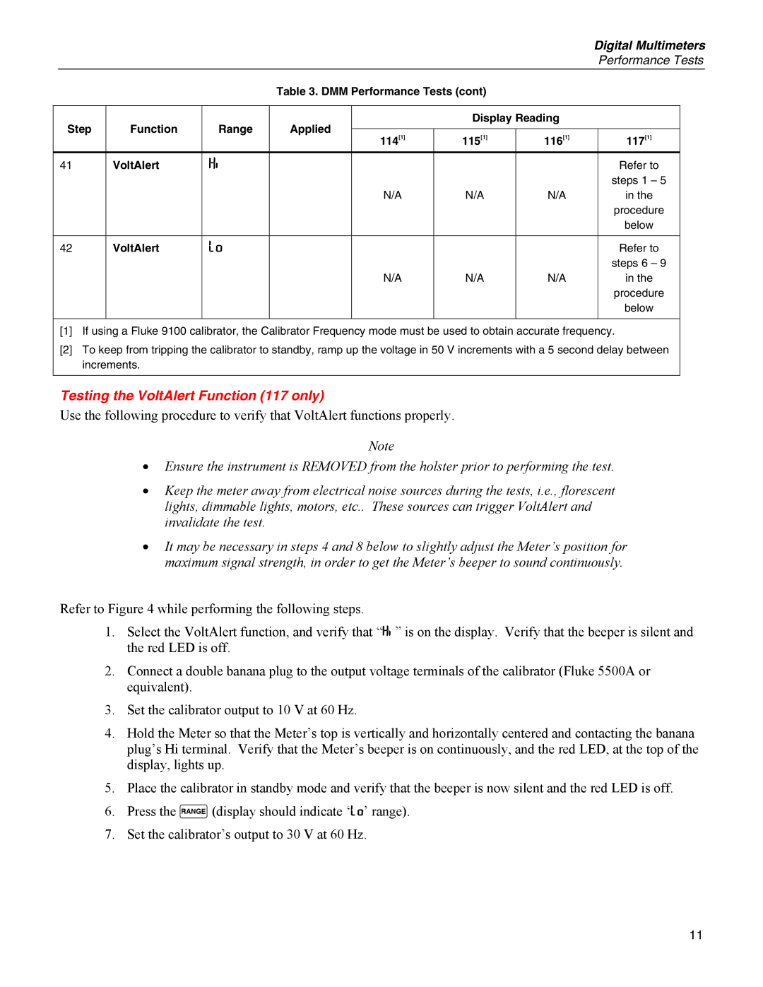 Fluke 114, 115, 116 specifications Testing the VoltAlert Function 117 only 