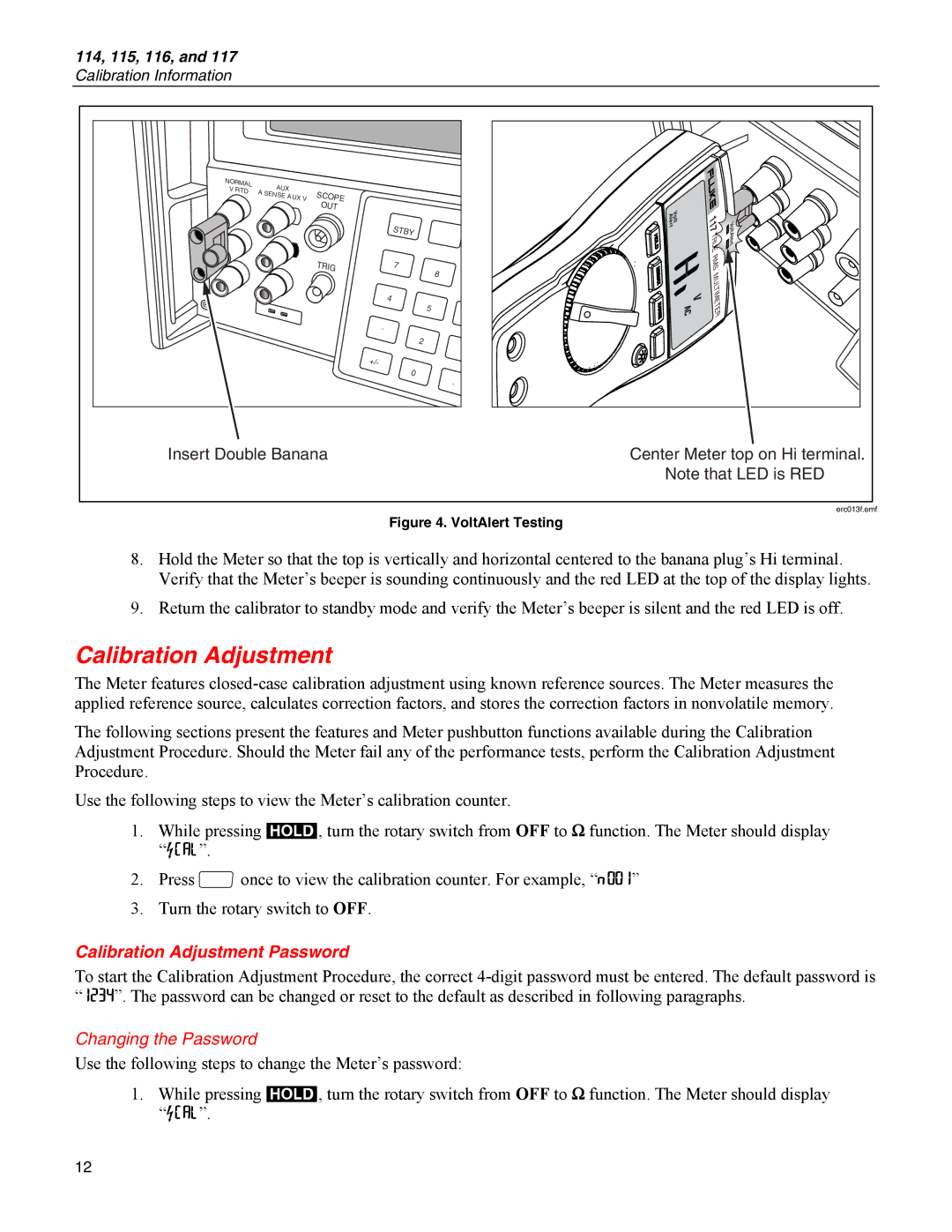 Fluke 115, 117, 116, 114 specifications Calibration Adjustment Password 