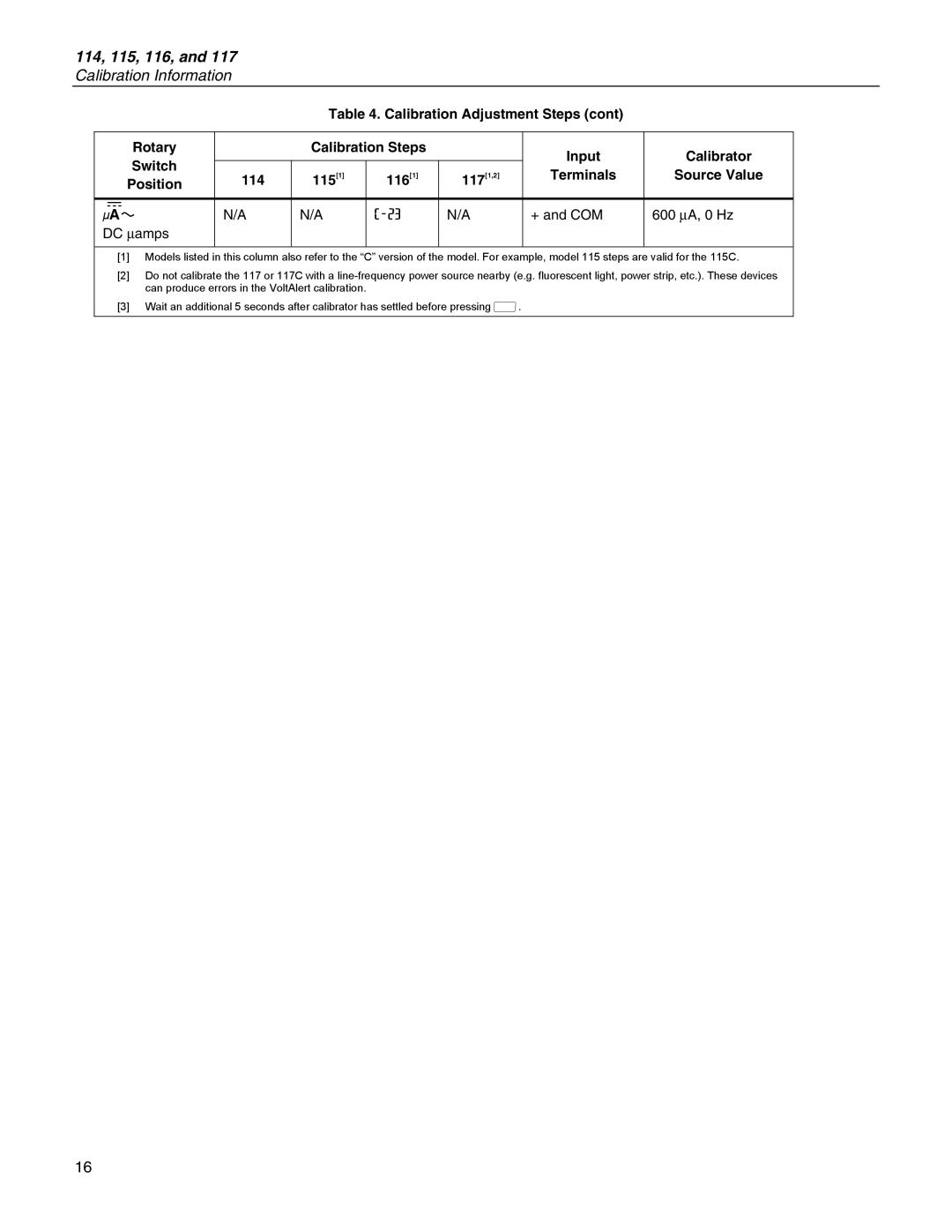 Fluke specifications 114, 115, 116, and 117 Calibration Information 