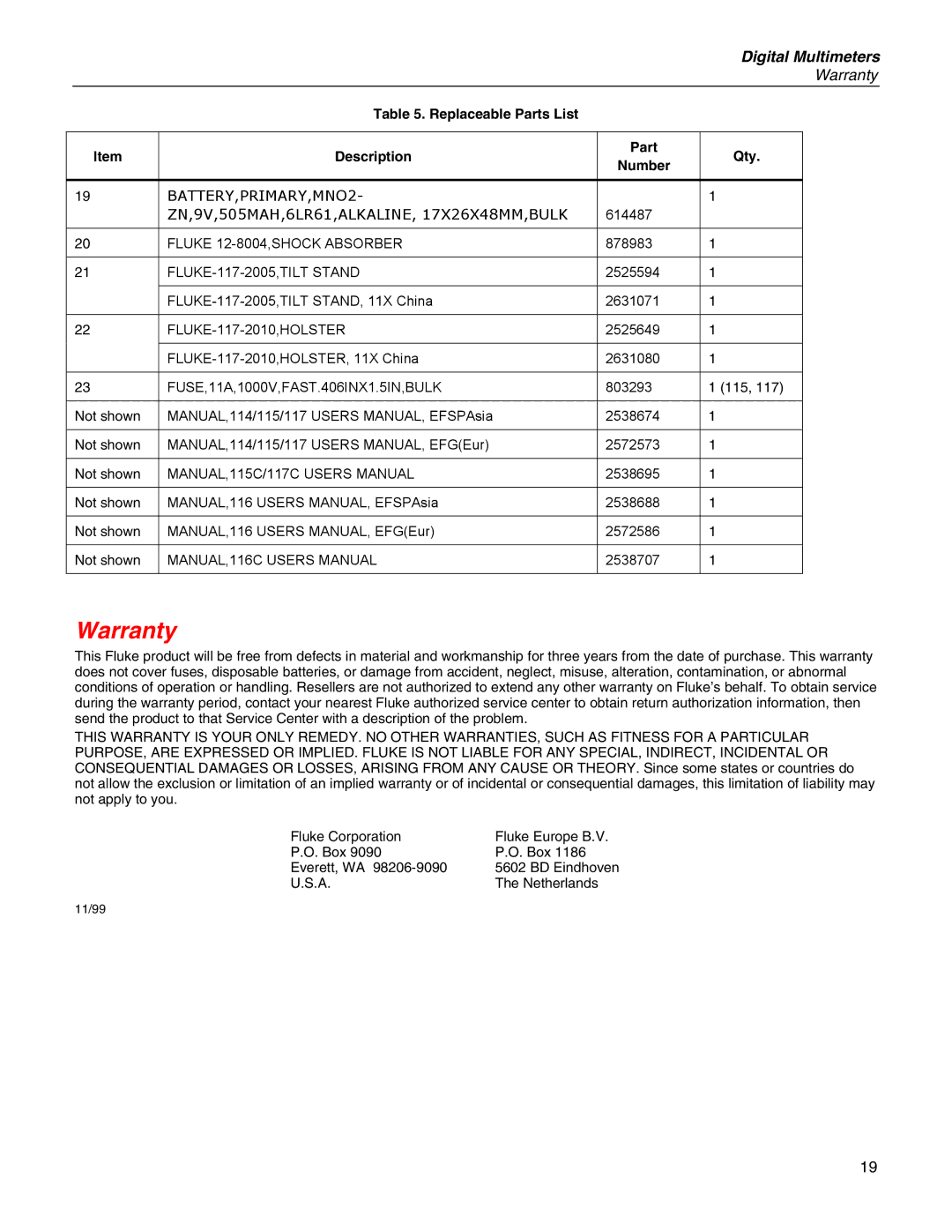 Fluke 114, 115, 117, 116 specifications Warranty 