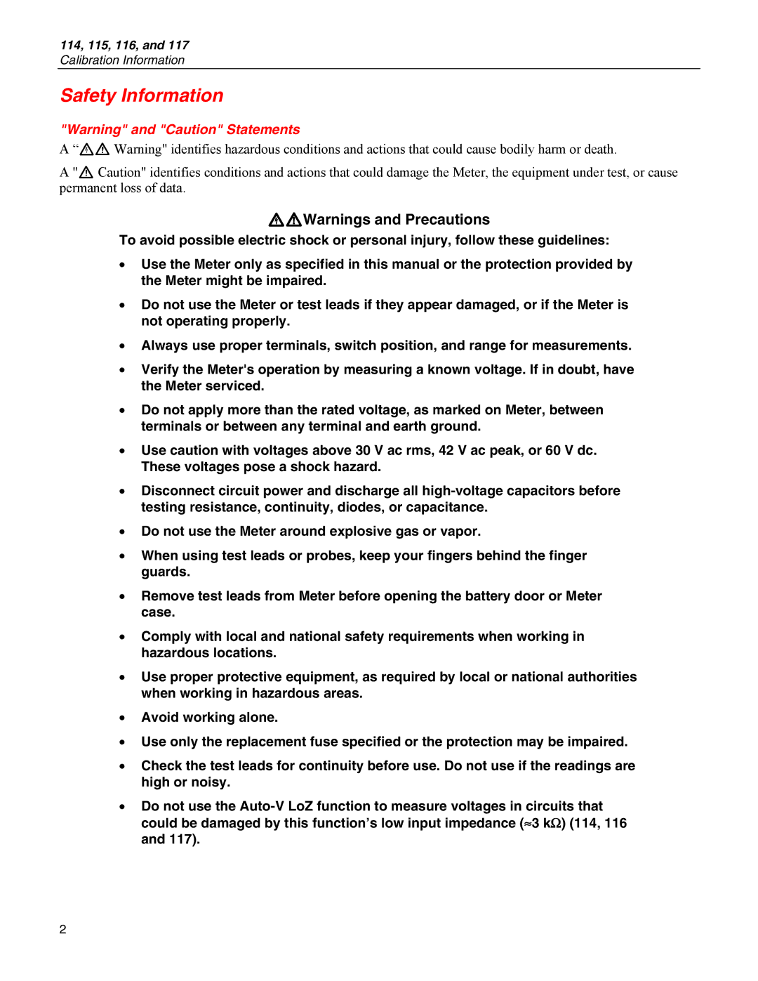 Fluke 116, 115, 117, 114 specifications Safety Information, XWWarnings and Precautions 