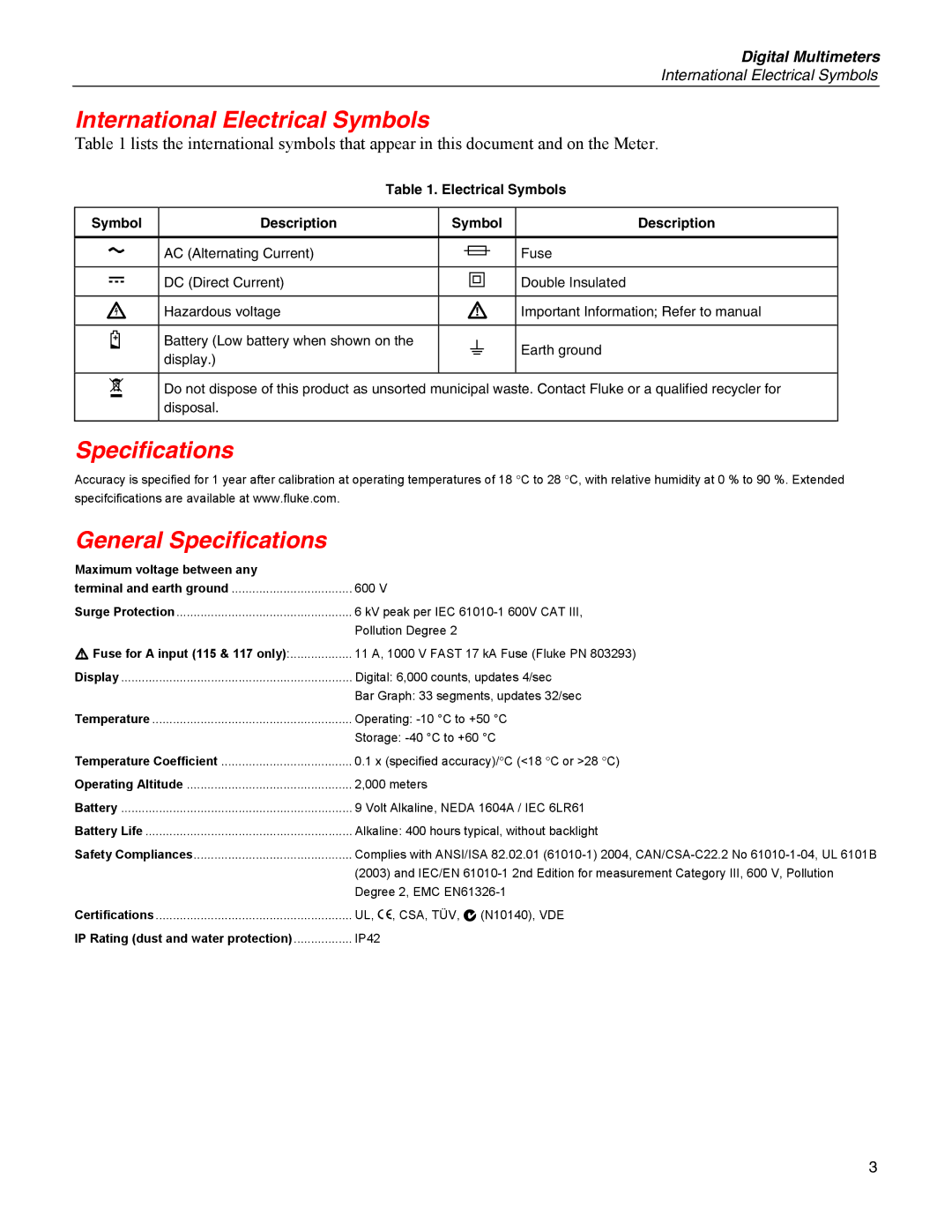 Fluke 114, 115, 117, 116 specifications International Electrical Symbols, Specifications General Specifications 