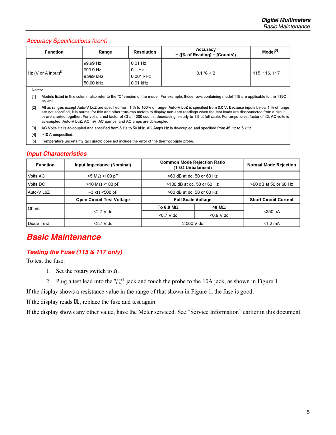 Fluke 116, 114 specifications Basic Maintenance, Input Characteristics, Testing the Fuse 115 & 117 only 