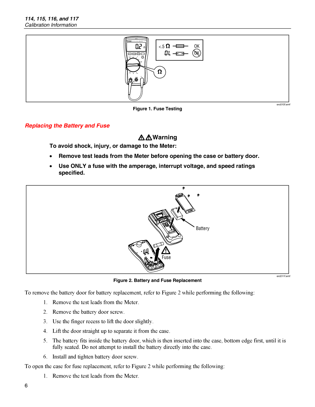 Fluke 116, 115, 117, 114 specifications Replacing the Battery and Fuse, Fuse Testing 