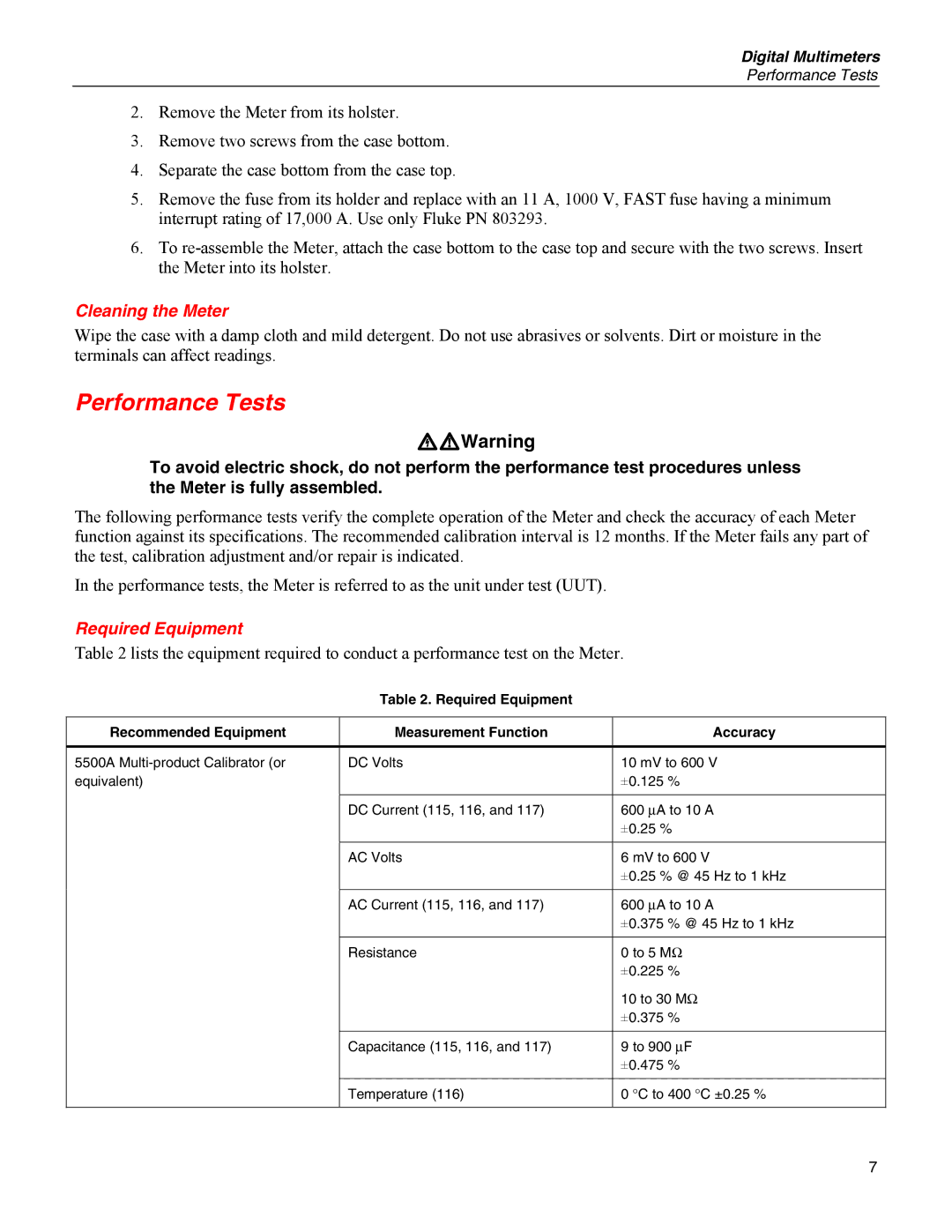 Fluke 114, 115, 117, 116 specifications Performance Tests, Cleaning the Meter, Required Equipment 