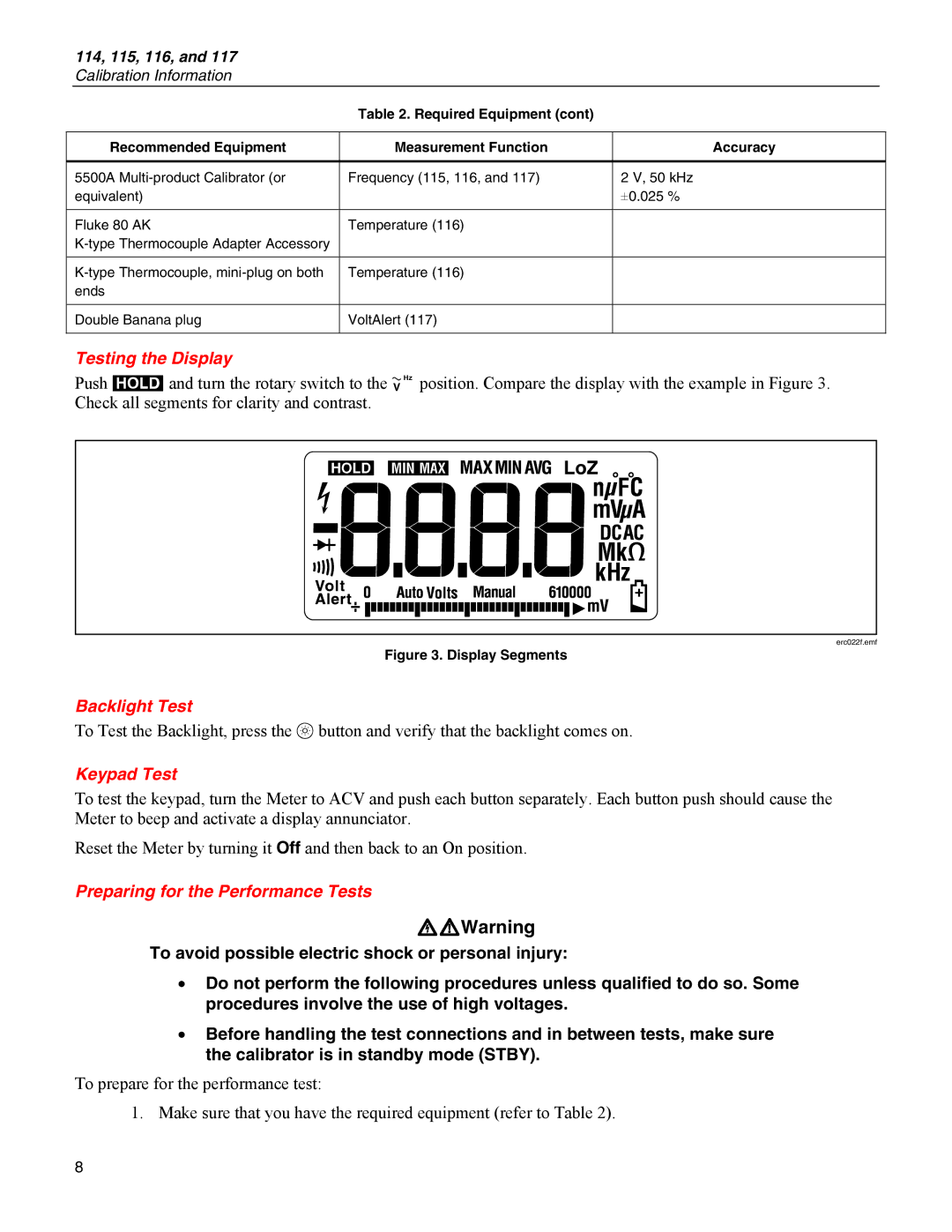 Fluke 115, 117, 116, 114 specifications Testing the Display, Backlight Test, Keypad Test, Preparing for the Performance Tests 